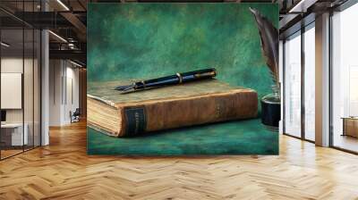 An old book, a quill pen, and an inkwell sit on a green background. It's a picture that reminds us of writing, authors, and the history of literature. Wall mural