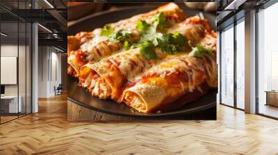 Chicken enchiladas are made with corn tortillas filled with shredded chicken. They're topped with a spicy tomato sauce and cheese. Wall mural