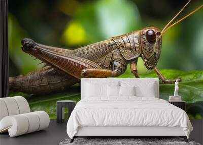 Close-up photos of a brown grasshopper. Wall mural