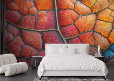 Close-up photos of leaf surfaces, showing details like veins and tiny cells. Wall mural