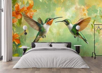 Couple of two hummingbirds Green-breasted Mango in the fly with light green and orange flowered background  Wall mural