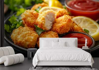 Crispy chicken patties or fish cakes, coated in breadcrumbs, served with ketchup and lemon slices. Wall mural