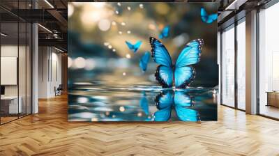 Fairy Blue Butterflies On Water  Wall mural