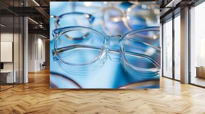 Glasses in an abstract arrangement against a mirrored background.  Wall mural