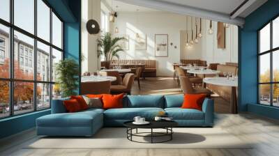 Modern restaurant with white walls, wooden floors, round tables with brown chairs, and comfortable beige sofas. Wall mural