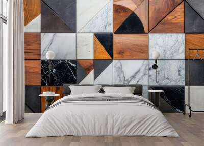 Modern wall decor with geometric patterns, featuring wood, marble, and ceramic tiles. This design uses abstract shapes and textures for a stylish and contemporary look. Wall mural