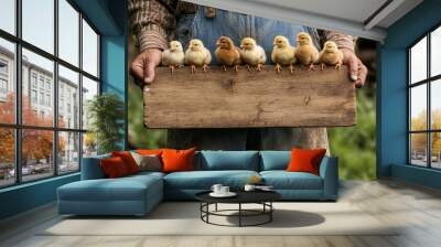 Partial view of male farmer holding wooden board with adorable baby chicks outdoors Wall mural