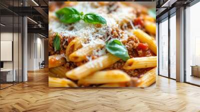 Penne pasta with a rich tomato meat sauce, topped with Parmesan cheese and fresh basil. Wall mural