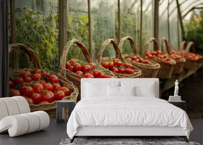 Ripe tomatoes are ready to be picked from the garden, sitting in baskets near the greenhouse. Wall mural