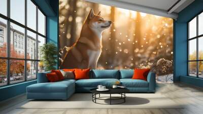 Shiba Inu dog enjoying the snowy winter forest. Wall mural