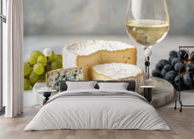 Side view close-up of a cheese platter featuring Camembert, blue cheese, and hard cheese, paired with a glass of cold white wine and grapes on a marble board with a light background Wall mural