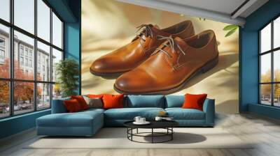 Simple, stylish leather shoes with laces, photographed against a bright backdrop. Wall mural