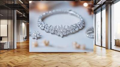 This stunning jewelry set features a sparkling diamond necklace, matching earrings, and a beautiful ring. It's a perfect example of classic elegance. Wall mural