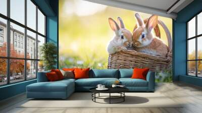 Two bunnies cuddling in a basket on a warm summer day --ar 16:9 --v 6.1 Job ID: 0d986425-a832-4203-957c-d6fd8fc4fa6d Wall mural