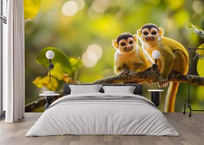 Two common squirrel monkeys (Saimiri sciureus) playing on a tree branch  Wall mural