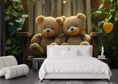 Two cuddly brown teddy bears sit together on a wooden chair, enjoying a peaceful morning. They represent love and understanding, set against a natural backdrop. Wall mural