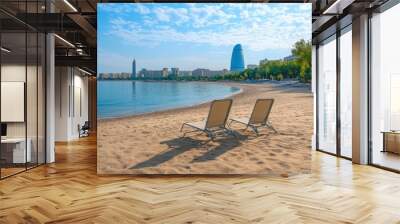 Two empty chairs sit on a beach in Baku, perfect for a relaxing picnic. Wall mural