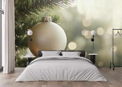 A blank round Christmas ornament hangs gracefully from a tree branch, surrounded by a soft and dreamy festive background filled with warm bokeh lights Wall mural