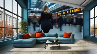 A businesswoman hurriedly moves through a crowded train station, pulling her suitcase behind her while commuters bustle around and departure boards flash in the background Wall mural