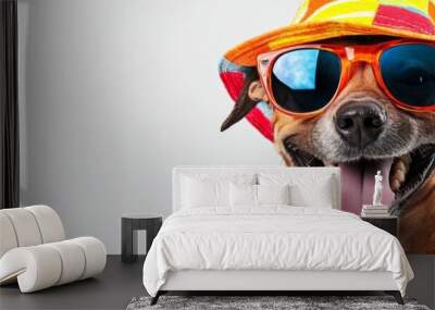 A cheerful dog wears oversized sunglasses and a vibrant summer hat, exuding playfulness and joy while posing against a simple, light background Wall mural