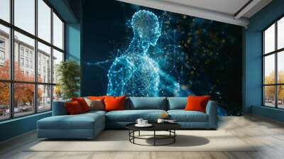 A close-up image of an interactive holographic human body icon with glowing lines emanating from it against a dark blue background Wall mural