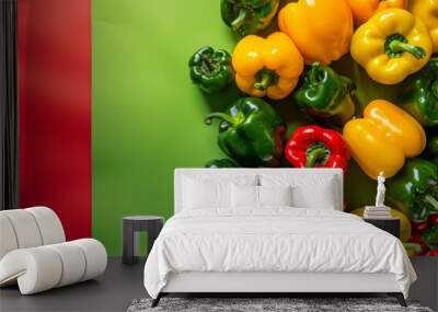 A close-up photograph showcasing a vibrant collection of fresh bell peppers in green, red, and yellow arranged on a green and red background Wall mural