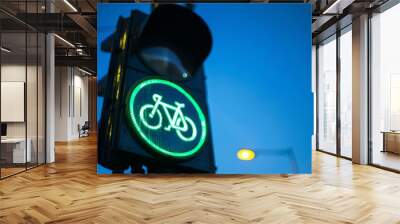 A close-up shot of a modern traffic light post with a green bicycle icon illuminated, taken at dusk Wall mural