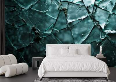 A close-up shot of a shattered pane of glass illuminated by intense, shadowy lighting. The fragments are sharp and jagged, reflecting a dark, teal hue Wall mural