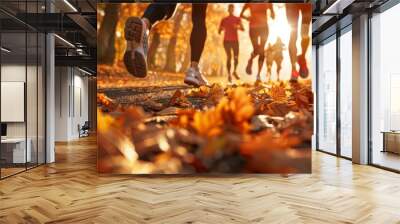 A close-up shot of the legs of a diverse group of runners jogging through a park path covered in autumn leaves Wall mural