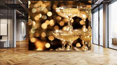 A close-up view of a champagne tower, with golden bokeh lights in the background, at a lavish gala event Wall mural