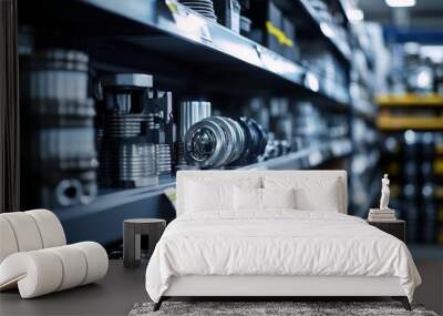 A closeup view of an organized shelf featuring various auto parts neatly arranged, highlighting the extensive selection available for customers in the store Wall mural