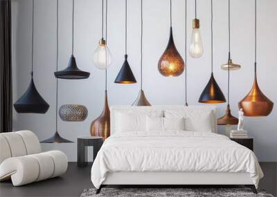 A collection of modern lamps features diverse shapes and finishes, suspended from the ceiling against a soft, neutral background, illuminating the space with style and warmth Wall mural