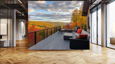 A cozy patio deck attached to a vacation home provides a comfortable spot to appreciate the breathtaking autumn colors of the surrounding hills and trees Wall mural