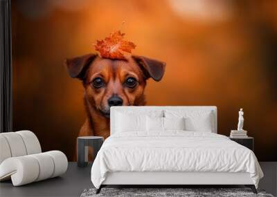 A curious small brown dog sits still with an autumn leaf balanced on its head, showcasing its playful expression against a softly blurred fall background Wall mural