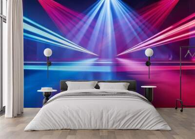 A dark room illuminated by a dramatic light show featuring intersecting beams of blue and red light creating a striking visual effect Wall mural