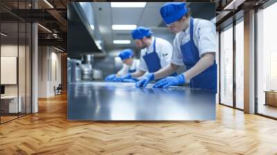 A dedicated team of three, dressed in blue overalls and white shirts, diligently cleans countertops in a bustling commercial kitchen, ensuring everything is spotless Wall mural