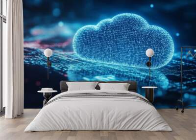 A digital cloud icon displays a bright glow amidst floating binary code and abstract data streams, showcasing a modern interpretation of cloud computing and data transmission Wall mural