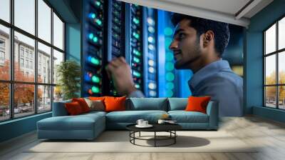 A diligent Indian businessman works on data management in a high-tech data center surrounded by illuminated server racks Wall mural