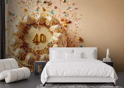 A golden birthday cake featuring sparkling decorations and a 40 on top, surrounded by colorful confetti to celebrate a special milestone Wall mural