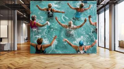 A group of active seniors participate in a lively water aerobics class, performing synchronized movements in an indoor swimming pool Wall mural