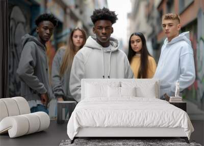 A group of four young adults, diverse in ethnicity and style, stand in an urban alleyway, each wearing a plain hoodie Wall mural