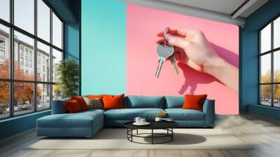 A hand firmly grasps a set of house keys, featuring a small keychain. The vibrant pink and teal background adds a cheerful tone to the scene illuminated by sunlight Wall mural