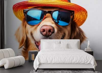 A happy dog dons a vibrant summer hat and large sunglasses, exuding a cheerful vibe while posing energetically in a bright indoor environment Wall mural