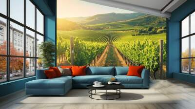 A lush vineyard features rows of well-cared-for grapevines extending beautifully into the distance under the warm glow of the setting sun Wall mural