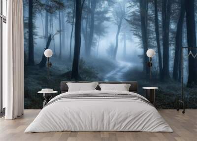 A narrow path winds through a misty forest, softly lit by the moonlight, as fog envelops the tall trees, creating a mysterious and tranquil nighttime environment Wall mural