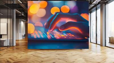 A person types intently on a tablet's keyboard, their hand illuminated by the gentle glow of ambient lights in a warm, inviting environment Wall mural