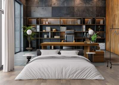 A professional office desk with a bookshelf, chair, and copy space on the right. The office has a modern, industrial design with gray tile flooring and wooden accents Wall mural