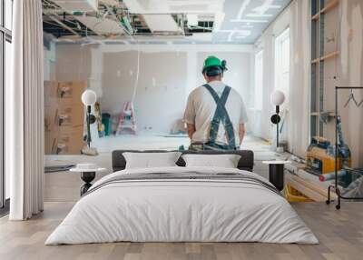 A skilled contractor in a hard hat kneels on the unfinished floor of a residential home renovation project Wall mural