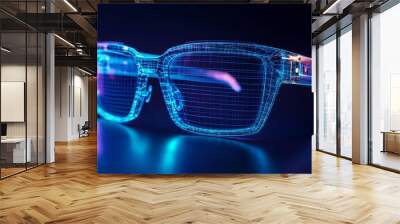 A sleek pair of wireframe smart glasses illuminates with vibrant light, highlighting their advanced technology and modern design against a dark backdrop Wall mural