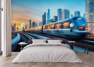 A sleek train races over an elevated bridge, revealing the stunning Chicago skyline in the background as the sun sets, painting the sky with vibrant colors Wall mural